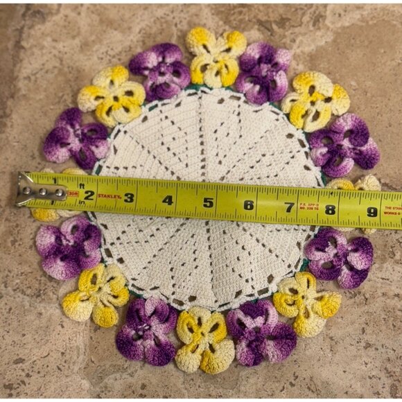 Handmade Crochet Doilies Set Of 2 With Floral Patterns In Blue/White/Green & Pur - Picture 7 of 7